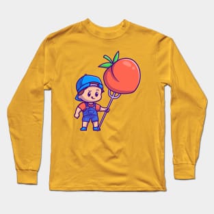 Cute Boy With Peach Fruit Cartoon Long Sleeve T-Shirt